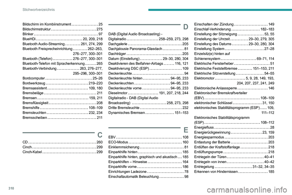 PEUGEOT EXPERT 2021 Betriebsanleitungen (in German) 310
Stichwortverzeichnis
Bildschirm im Kombiinstrument 25
Bildschirmstruktur
275
Blinker
97
BlueHDi
20, 209, 218
Bluetooth Audio-Streaming
261, 274, 299
Bluetooth Freisprecheinr PEUGEOT EXPERT 2021 Betriebsanleitungen (in German) 310
Stichwortverzeichnis
Bildschirm im Kombiinstrument 25
Bildschirmstruktur
275
Blinker
97
BlueHDi
20, 209, 218
Bluetooth Audio-Streaming
261, 274, 299
Bluetooth Freisprecheinr