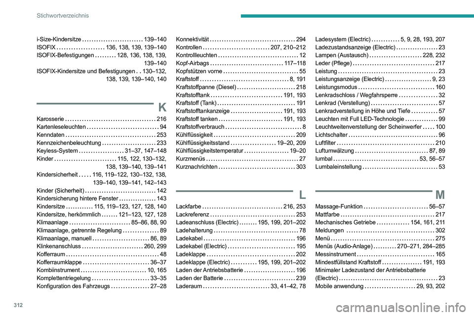 PEUGEOT EXPERT 2021 Betriebsanleitungen (in German) 312
Stichwortverzeichnis
i-Size-Kindersitze 139–140
ISOFIX
136, 138, 139, 139–140
ISOFIX-Befestigungen
128, 136, 138, 139, 139–140
ISOFIX-Kindersitze und Befestigungen
130–13 PEUGEOT EXPERT 2021 Betriebsanleitungen (in German) 312
Stichwortverzeichnis
i-Size-Kindersitze 139–140
ISOFIX
136, 138, 139, 139–140
ISOFIX-Befestigungen
128, 136, 138, 139, 139–140
ISOFIX-Kindersitze und Befestigungen
130–13