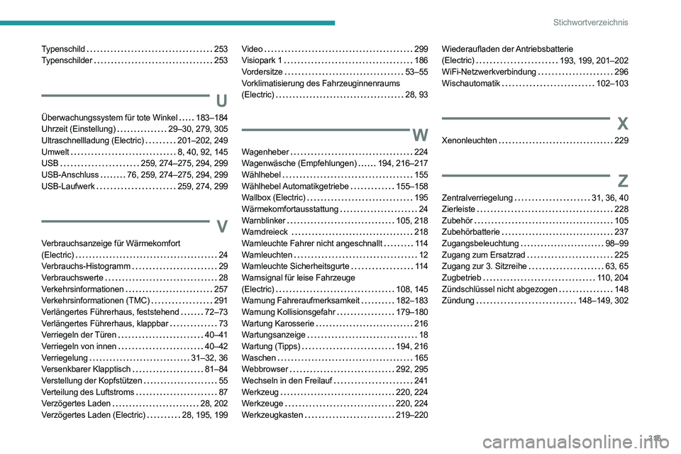 PEUGEOT EXPERT 2021 Betriebsanleitungen (in German) 315
Stichwortverzeichnis
Typenschild 253
Typenschilder
253
U
Überwachungssystem für tote Winkel 183–184
Uhrzeit (Einstellung)
29–30, 279, 305
Ultraschnellladung (Electric)
20 PEUGEOT EXPERT 2021 Betriebsanleitungen (in German) 315
Stichwortverzeichnis
Typenschild 253
Typenschilder
253
U
Überwachungssystem für tote Winkel 183–184
Uhrzeit (Einstellung)
29–30, 279, 305
Ultraschnellladung (Electric)
20
