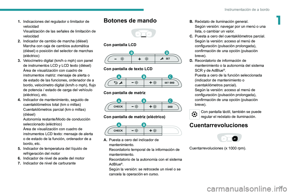 PEUGEOT EXPERT 2021 Manual del propietario (in Spanish) 11
Instrumentación de a bordo
11.Indicaciones del regulador o limitador de
velocidad
Visualización de las señales de limitación de
velocidad
2. Indicador de cambio de marcha (diésel)
Marcha con PEUGEOT EXPERT 2021 Manual del propietario (in Spanish) 11
Instrumentación de a bordo
11.Indicaciones del regulador o limitador de
velocidad
Visualización de las señales de limitación de
velocidad
2. Indicador de cambio de marcha (diésel)
Marcha con