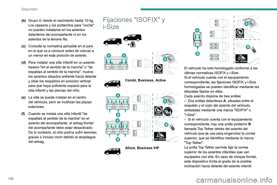 PEUGEOT EXPERT 2021  Manual del propietario (in Spanish) 126
Seguridad
(b)Grupo 0: desde el nacimiento hasta 10 kg. 
Los capazos y los portaniños para "coche" 
no pueden instalarse en los asientos 
delanteros del acompañante ni en los 
asientos de