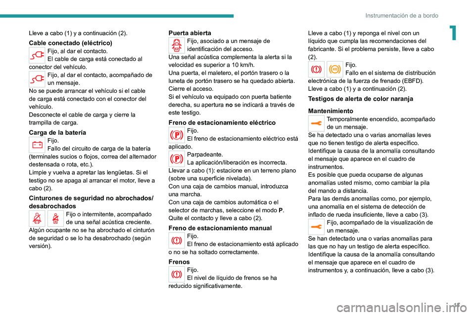 PEUGEOT EXPERT 2021  Manual del propietario (in Spanish) 13
Instrumentación de a bordo
1Lleve a cabo (1) y a continuación (2).
Cable conectado (eléctrico)Fijo, al dar el contacto.
El cable de carga está conectado al 
conector del vehículo.
Fijo, al dar