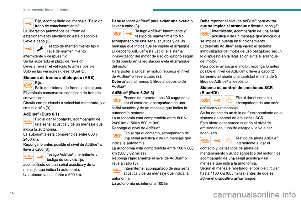 PEUGEOT EXPERT 2021  Manual del propietario (in Spanish) 14
Instrumentación de a bordo
Fijo, acompañado del mensaje "Fallo del 
freno de estacionamiento".
La liberación automática del freno de 
estacionamiento eléctrico no está disponible.
Lle