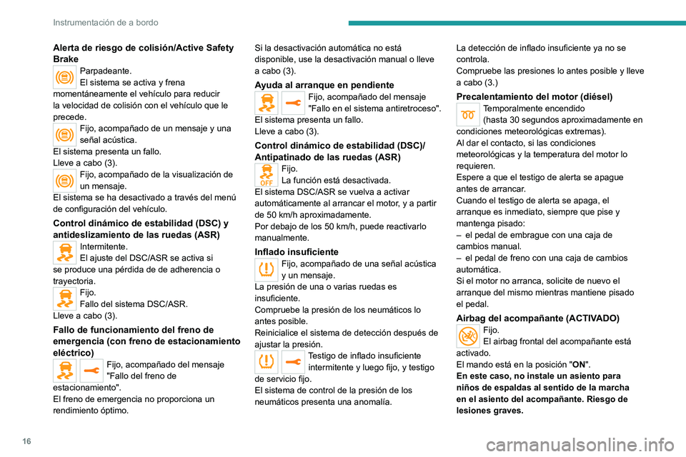 PEUGEOT EXPERT 2021  Manual del propietario (in Spanish) 16
Instrumentación de a bordo
Alerta de riesgo de colisión/Active Safety 
Brake
Parpadeante.
El sistema se activa y frena 
momentáneamente el vehículo para reducir 
la velocidad de colisión con e