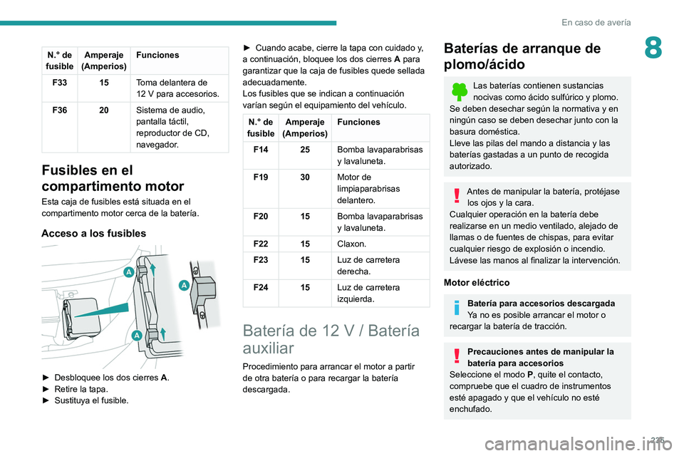 PEUGEOT EXPERT 2021 Manual del propietario (in Spanish) 235
En caso de avería
8N.° de
fusible Amperaje
(Amperios) Funciones
F33 15 Toma delantera de
12
V para accesorios.
F36 20 Sistema de audio,
pantalla táctil,
reproductor de CD,
navegador.
Fus PEUGEOT EXPERT 2021 Manual del propietario (in Spanish) 235
En caso de avería
8N.° de
fusible Amperaje
(Amperios) Funciones
F33 15 Toma delantera de
12
V para accesorios.
F36 20 Sistema de audio,
pantalla táctil,
reproductor de CD,
navegador.
Fus
