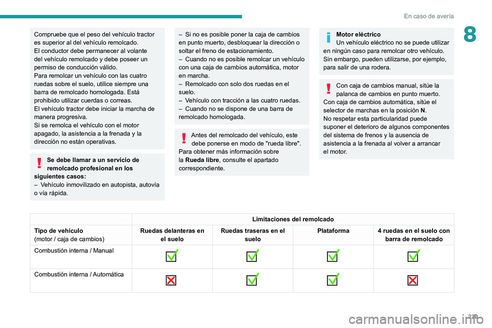 PEUGEOT EXPERT 2021  Manual del propietario (in Spanish) 239
En caso de avería
8Compruebe que el peso del vehículo tractor 
es superior al del vehículo remolcado.
El conductor debe permanecer al volante 
del vehículo remolcado y debe poseer un 
permiso 
