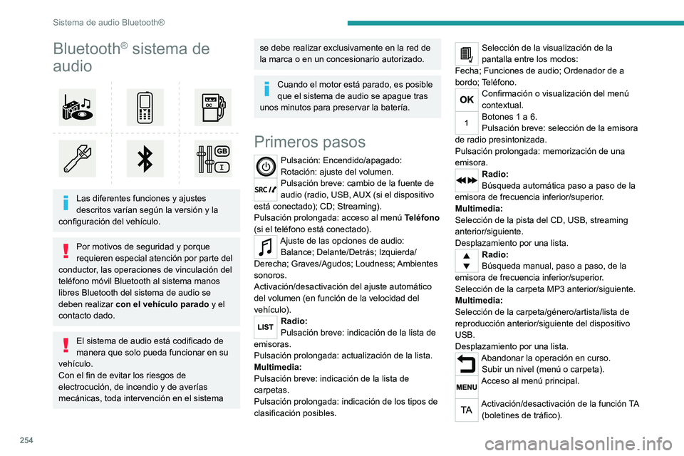 PEUGEOT EXPERT 2021  Manual del propietario (in Spanish) 254
Sistema de audio Bluetooth®
Bluetooth® sistema de 
audio
 
 
Las diferentes funciones y ajustes 
descritos varían según la versión y la 
configuración del vehículo.
Por motivos de seguridad