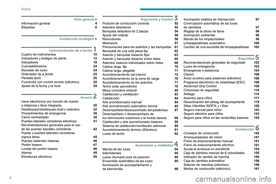 PEUGEOT EXPERT 2021  Manual del propietario (in Spanish) 2
Índice
 
 
 
 
 
 
 
   ■
Vista generalInformación general  4
Etiquetas  6
  ■
Conducción ecológica
 1Instrumentación de a bordoCuadro de instrumentos  10
Indicadores y testigos de aler