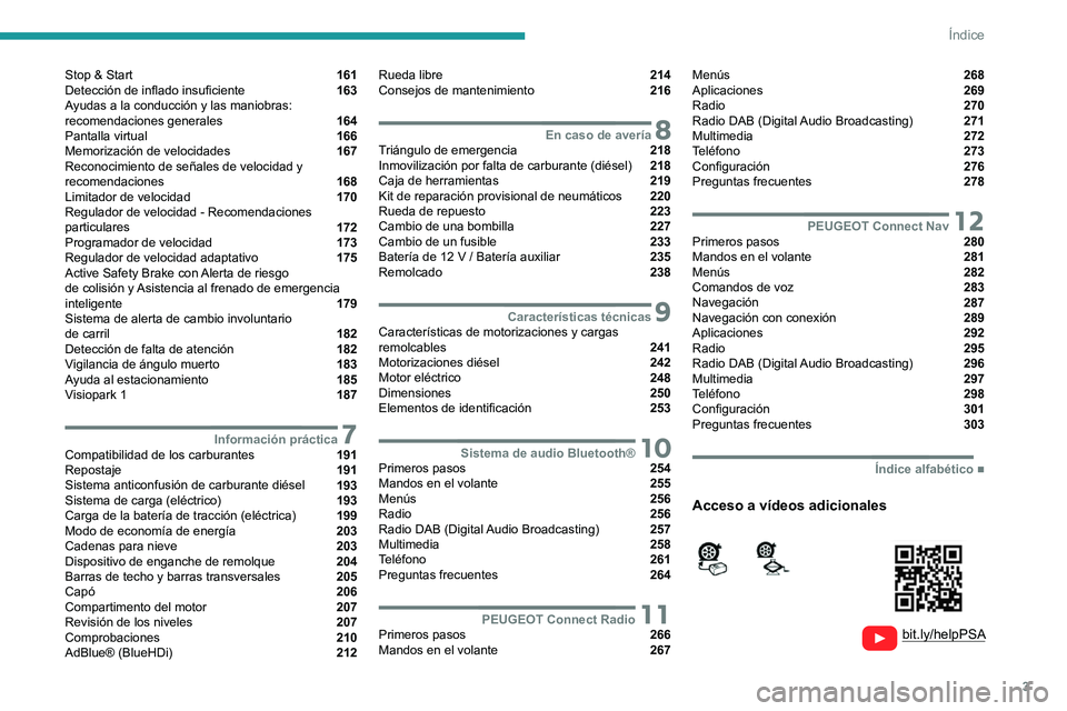 PEUGEOT EXPERT 2021  Manual del propietario (in Spanish) 3
Índice
  
  
 
 
 
 
Stop & Start  161
Detección de inflado insuficiente  163
Ayudas a la conducción y las maniobras: 
recomendaciones generales 
 164
Pantalla virtual  166
Memorización de veloc