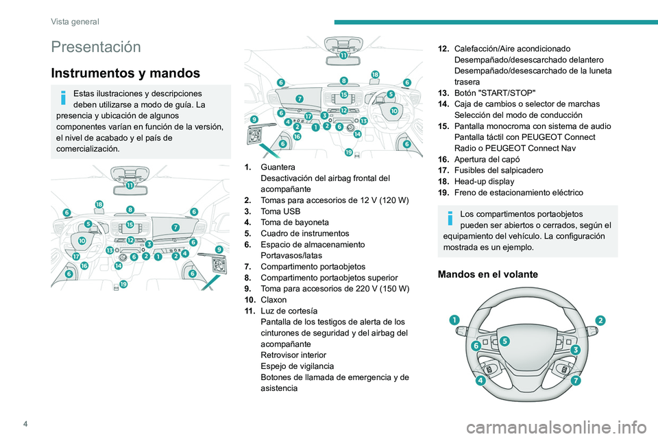 PEUGEOT EXPERT 2021  Manual del propietario (in Spanish) 4
Vista general
Presentación
Instrumentos y mandos
Estas ilustraciones y descripciones 
deben utilizarse a modo de guía. La 
presencia y ubicación de algunos 
componentes varían en función de la 