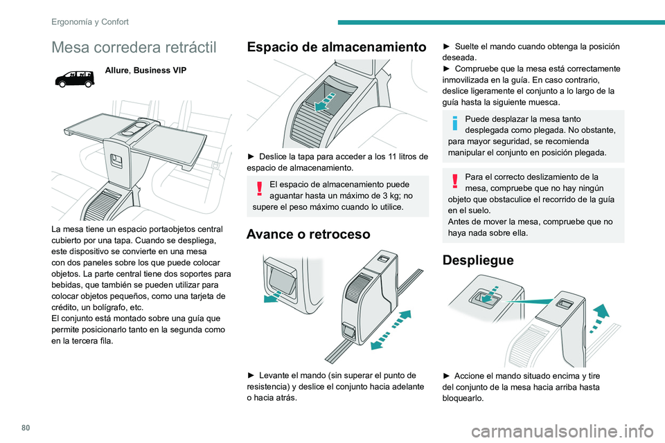 PEUGEOT EXPERT 2021  Manual del propietario (in Spanish) 80
Ergonomía y Confort
Mesa corredera retráctil
Allure, Business VIP
 
 
La mesa tiene un espacio portaobjetos central 
cubierto por una tapa. Cuando se despliega, 
este dispositivo se convierte en 