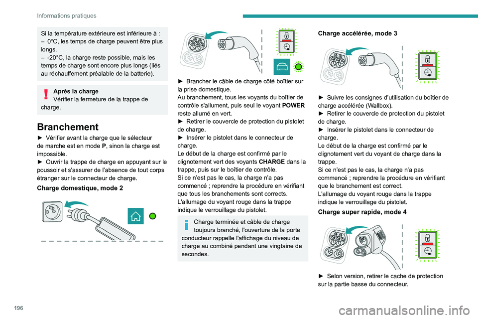 PEUGEOT EXPERT 2021  Manuel du propriétaire (in French) 196
Informations pratiques
Si la température extérieure est inférieure à :
–  0°C, les temps de charge peuvent être plus 
longs.
–
 
-20°C, la charge reste possible, mais les 
temps de char