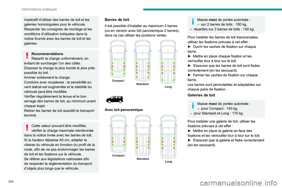 PEUGEOT EXPERT 2021  Manuel du propriétaire (in French) 200
Informations pratiques
impératif d'utiliser des barres de toit et les 
galeries homologuées pour le véhicule.
Respecter les consignes de montage et les 
conditions d'utilisation indiqu