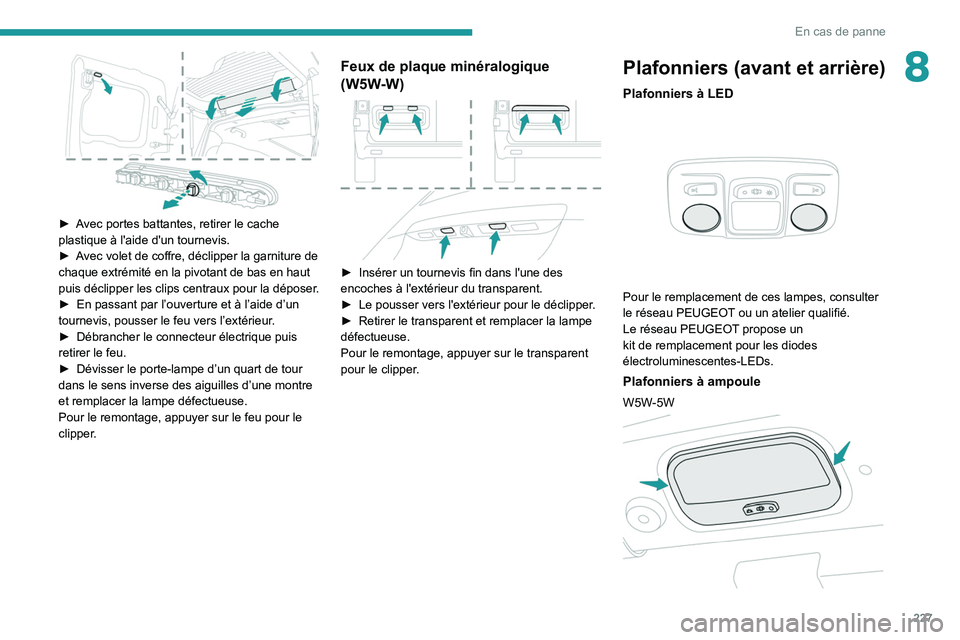 PEUGEOT EXPERT 2021  Manuel du propriétaire (in French) 227
En cas de panne
8
 
► Avec portes battantes, retirer le cache 
plastique à l'aide d'un tournevis.
► 
A
 vec volet de coffre, déclipper la garniture de 
chaque extrémité en la pivot