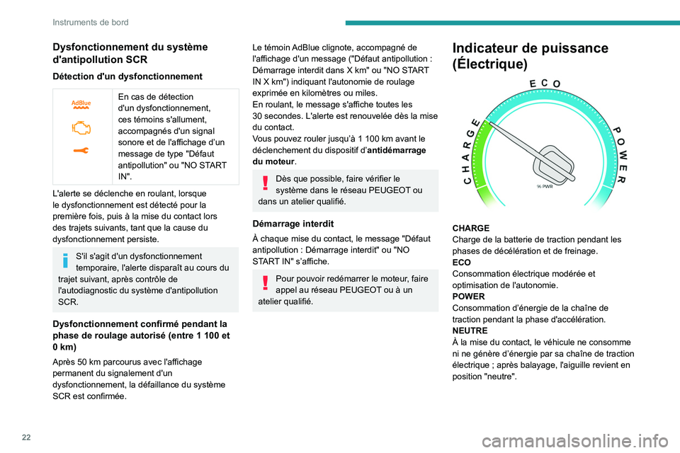 PEUGEOT EXPERT 2021  Manuel du propriétaire (in French) 22
Instruments de bord
Dysfonctionnement du système 
d'antipollution SCR
Détection d'un dysfonctionnement
 
 
En cas de détection 
d'un dysfonctionnement, 
ces témoins s'allument, 