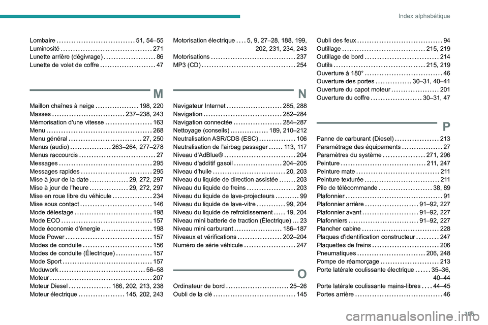 PEUGEOT EXPERT 2021  Manuel du propriétaire (in French) 305
Index alphabétique
Lombaire     51, 54–55
Luminosité     
271
Lunette arrière (dégivrage)
    
86
Lunette de volet de coffre
    
47
M
Maillon chaînes à neige     198, 220
Masses     
237