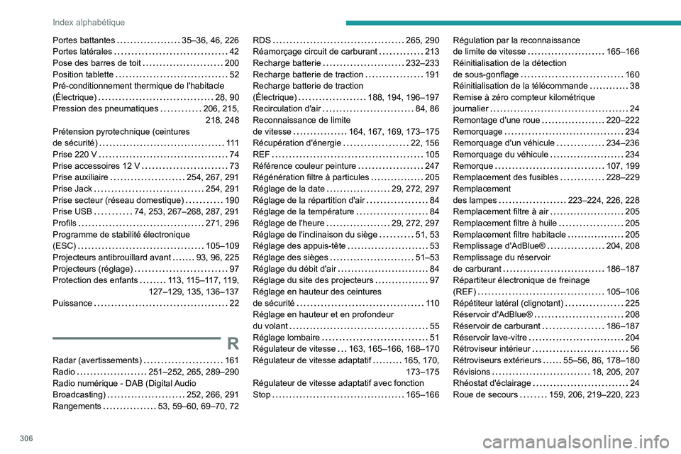 PEUGEOT EXPERT 2021  Manuel du propriétaire (in French) 306
Index alphabétique
Portes battantes    35–36, 46, 226
Portes latérales     
42
Pose des barres de toit
   
200
Position tablette
    
52
Pré-conditionnement thermique de l'habitacle 
(Él