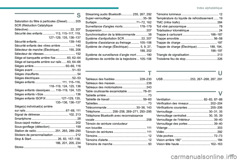 PEUGEOT EXPERT 2021  Manuel du propriétaire (in French) 307
Index alphabétique
S
Saturation du filtre à particules (Diesel)     205
SCR (Réduction Catalytique  
Sélective)
    
22, 207
Sécurité des enfants
   
113, 115–117, 119,  
127–129, 135, 1