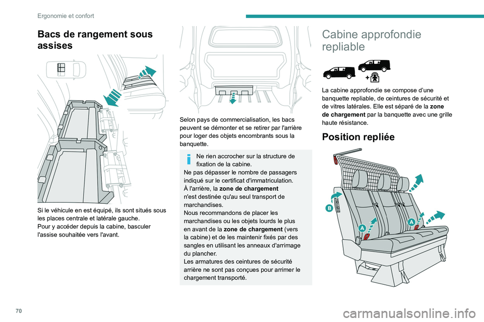 PEUGEOT EXPERT 2021  Manuel du propriétaire (in French) 70
Ergonomie et confort
Bacs de rangement sous 
assises
 
 
Si le véhicule en est équipé, ils sont situés sous 
les places centrale et latérale gauche.
Pour y accéder depuis la cabine, basculer 