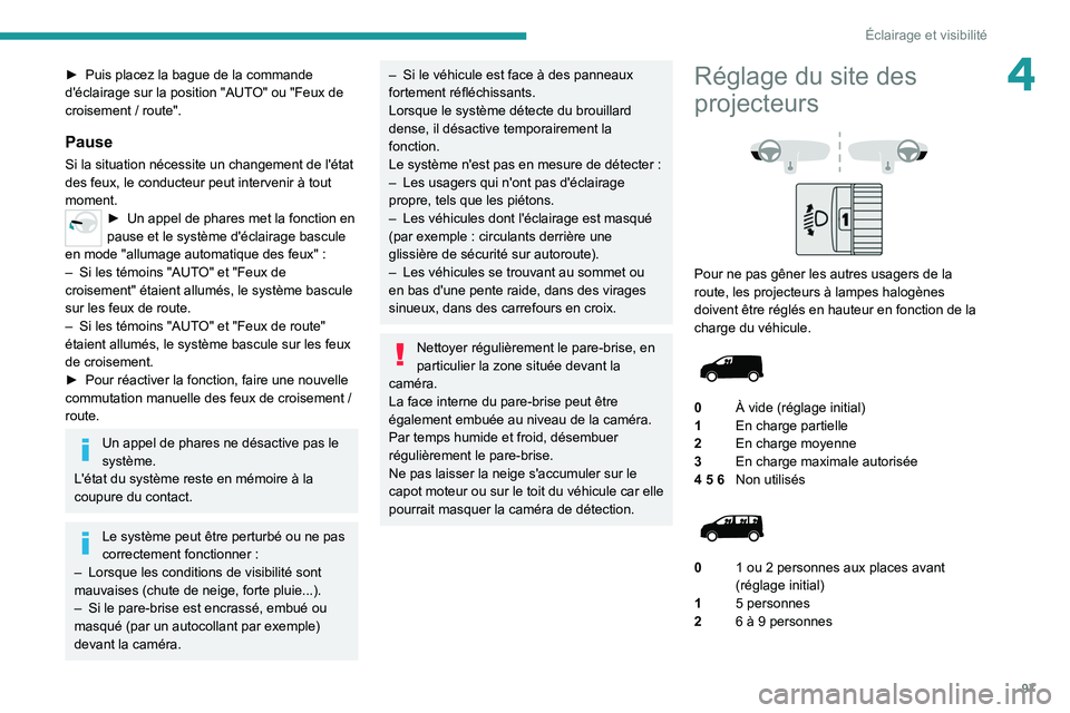 PEUGEOT EXPERT 2021  Manuel du propriétaire (in French) 97
Éclairage et visibilité
4► Puis placez la bague de la commande 
d'éclairage sur la position "AUT O" ou "Feux de 
croisement / route".
Pause
Si la situation nécessite un ch