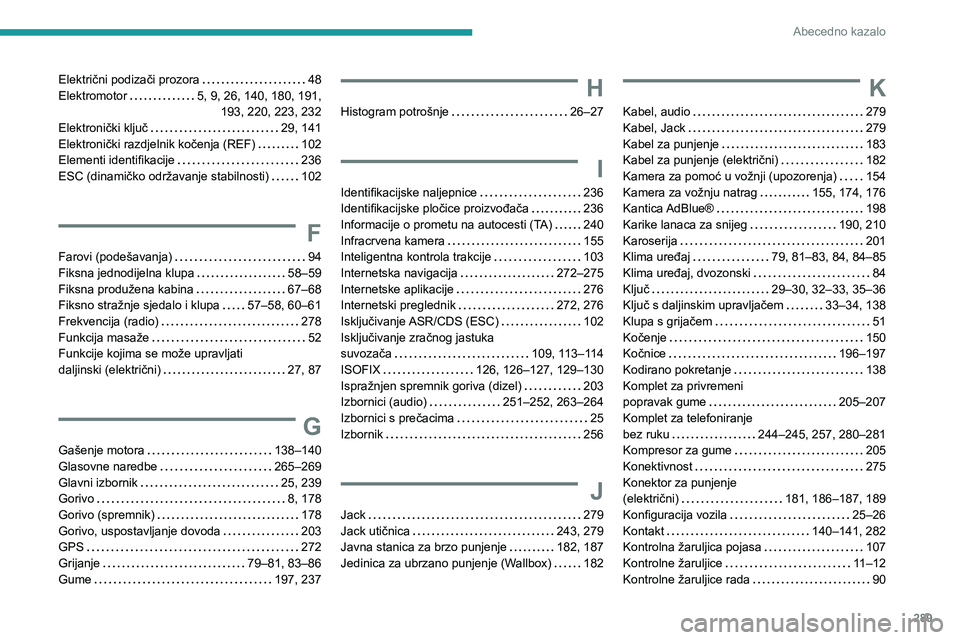 PEUGEOT EXPERT 2021  Upute Za Rukovanje (in Croatian) 289
Abecedno kazalo
Električni podizači prozora   48Elektromotor   5, 9, 26, 140, 180, 191,  
193, 220, 223, 232
Elektronički ključ   29, 141Elektronički razdjelnik kočenja (REF)   102Elementi i