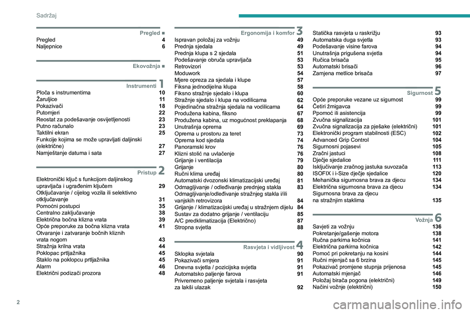 PEUGEOT EXPERT 2021  Upute Za Rukovanje (in Croatian) 2
Sadržaj
 
 
 
 
 
 
 
   ■
PregledPregled  4
Naljepnice  6
  ■
Ekovožnja
 1InstrumentiPloča s instrumentima  10
Žaruljice  11
Pokazivači  18
Putomjeri  22
Reostat za podešavanje osvije