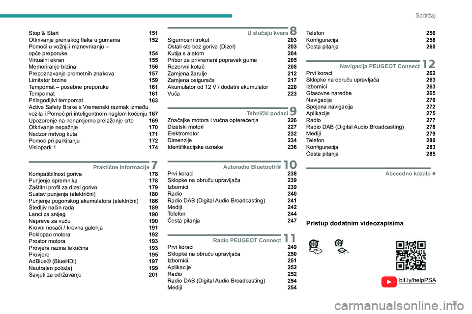 PEUGEOT EXPERT 2021  Upute Za Rukovanje (in Croatian) 3
Sadržaj
  
  
 
 
 
 
Stop & Start  151
Otkrivanje preniskog tlaka u gumama  152
Pomoći u vožnji i manevriranju –   
opće preporuke 
 154
Virtualni ekran  155
Memoriranje brzina  156
Prepoznav
