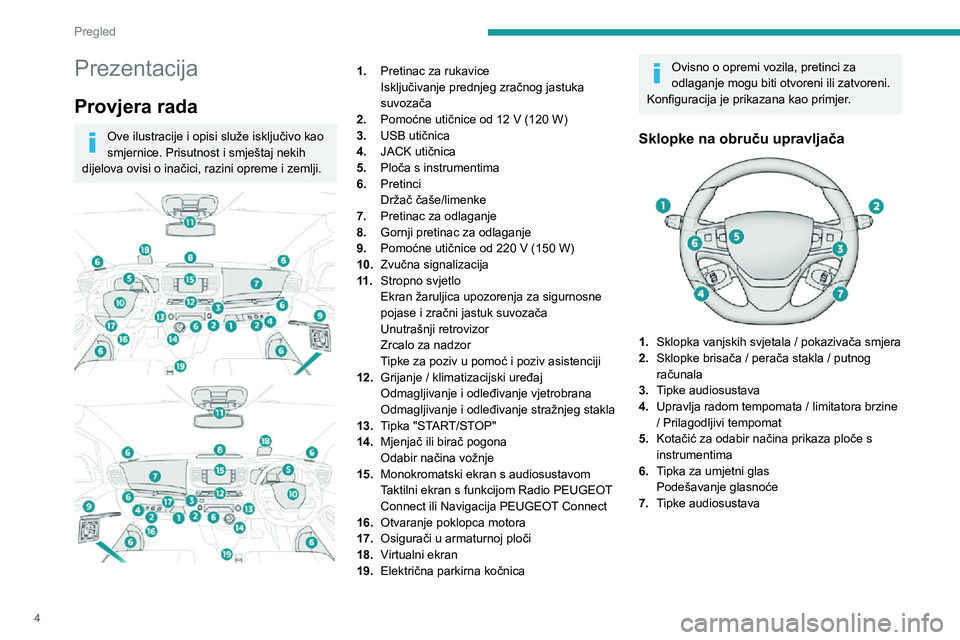 PEUGEOT EXPERT 2021  Upute Za Rukovanje (in Croatian) 4
Pregled
Prezentacija
Provjera rada
Ove ilustracije i opisi služe isključivo kao 
smjernice. Prisutnost i smještaj nekih 
dijelova ovisi o inačici, razini opreme i zemlji.
 
 
 
 
1. Pretinac za 