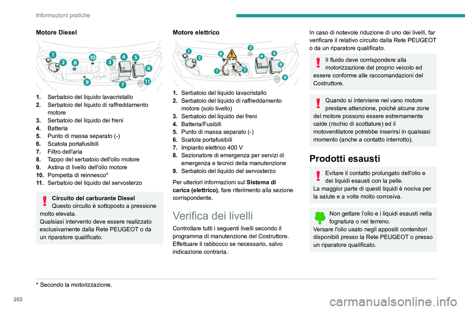 PEUGEOT EXPERT 2021  Manuale duso (in Italian) 202
Informazioni pratiche
Olio motore
Il livello dell'olio deve essere verificato 
con il motore spento da almeno 30 minuti 
e con il veicolo su una superficie piana, 
utilizzando l'indicatore