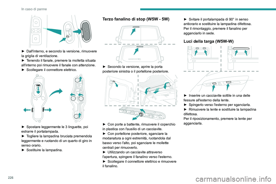 PEUGEOT EXPERT 2021  Manuale duso (in Italian) 226
In caso di panne
Plafoniere (anteriore e 
posteriore)
Plafoniere anteriori a LED 
 
Per la sostituzione di questo tipo di luce, 
rivolgersi alla rete PEUGEOT o ad un riparatore 
qualificato.
La re