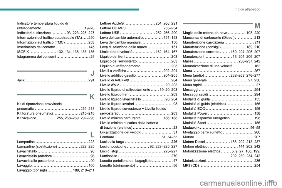 PEUGEOT EXPERT 2021 Manuale duso (in Italian) 303
Indice alfabetico
Indicatore temperatura liquido di
raffreddamento
19–20
Indicatori di direzione
93, 223–225, 227
Informazioni sul traffico autostradale (TA)
250
Informazioni su PEUGEOT EXPERT 2021 Manuale duso (in Italian) 303
Indice alfabetico
Indicatore temperatura liquido di
raffreddamento
19–20
Indicatori di direzione
93, 223–225, 227
Informazioni sul traffico autostradale (TA)
250
Informazioni su