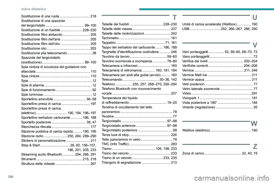 PEUGEOT EXPERT 2021 Manuale duso (in Italian) 306
Indice alfabetico
Sostituzione di una ruota 218
Sostituzione di una spazzola
del tergicristallo
99–100
Sostituzione di un fusibile
228–230
Sostituzione filtro abitacolo
20 PEUGEOT EXPERT 2021 Manuale duso (in Italian) 306
Indice alfabetico
Sostituzione di una ruota 218
Sostituzione di una spazzola
del tergicristallo
99–100
Sostituzione di un fusibile
228–230
Sostituzione filtro abitacolo
20