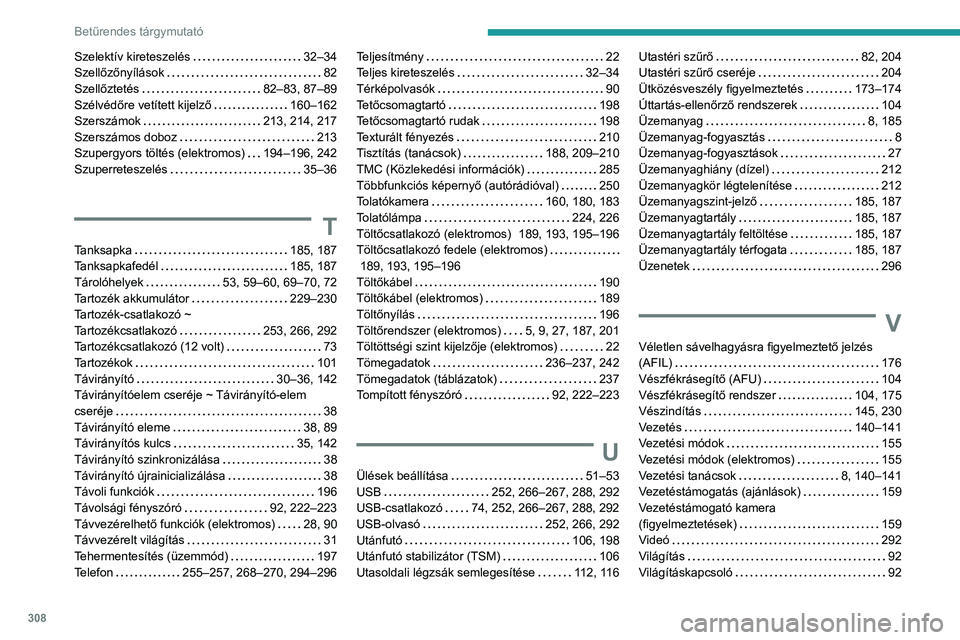 PEUGEOT EXPERT 2021 Kezelési útmutató (in Hungarian) 308
Betűrendes tárgymutató
Szelektív kireteszelés 32–34
Szellőzőnyílások
82
Szellőztetés
82–83, 87–89
Szélvédőre vetített kijelző
160–162
Szerszámok
21 PEUGEOT EXPERT 2021 Kezelési útmutató (in Hungarian) 308
Betűrendes tárgymutató
Szelektív kireteszelés 32–34
Szellőzőnyílások
82
Szellőztetés
82–83, 87–89
Szélvédőre vetített kijelző
160–162
Szerszámok
21