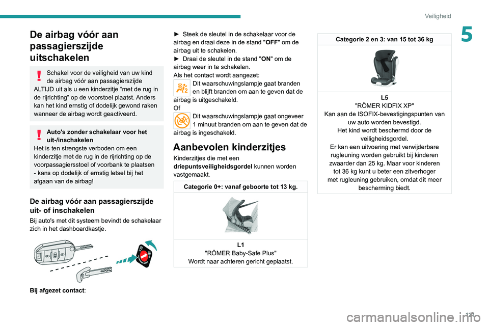 PEUGEOT EXPERT 2021 Instructieboekje (in Dutch) 121
Veiligheid
5De airbag vóór aan
passagierszijde
uitschakelen
Schakel voor de veiligheid van uw kind
de airbag vóór aan passagierszijde
ALTIJD uit als u een kinderzitje “met de rug in
de PEUGEOT EXPERT 2021 Instructieboekje (in Dutch) 121
Veiligheid
5De airbag vóór aan
passagierszijde
uitschakelen
Schakel voor de veiligheid van uw kind
de airbag vóór aan passagierszijde
ALTIJD uit als u een kinderzitje “met de rug in
de