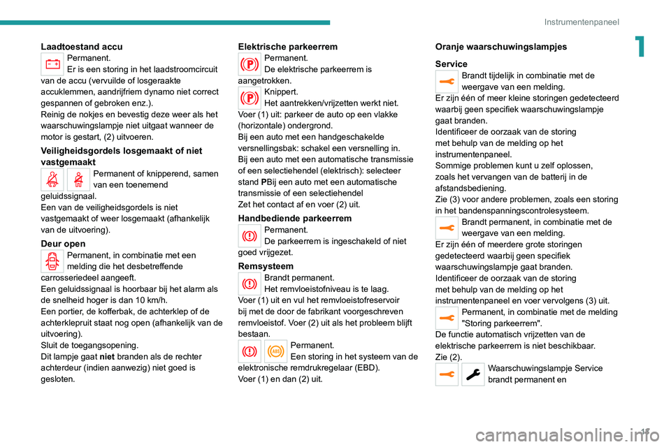 PEUGEOT EXPERT 2021 Instructieboekje (in Dutch) 13
Instrumentenpaneel
1Laadtoestand accuPermanent.
Er is een storing in het laadstroomcircuit
van de accu (vervuilde of losgeraakte
accuklemmen, aandrijfriem dynamo niet correct
gespannen of gebrok PEUGEOT EXPERT 2021 Instructieboekje (in Dutch) 13
Instrumentenpaneel
1Laadtoestand accuPermanent.
Er is een storing in het laadstroomcircuit
van de accu (vervuilde of losgeraakte
accuklemmen, aandrijfriem dynamo niet correct
gespannen of gebrok