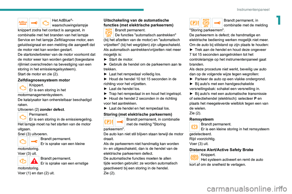 PEUGEOT EXPERT 2021 Instructieboekje (in Dutch) 15
Instrumentenpaneel
1Het AdBlue®-
waarschuwingslampje
knippert zodra het contact is aangezet, in
combinatie met het branden van het lampje
Service en het lampje Zelfdiagnose motor, een
geluidss PEUGEOT EXPERT 2021 Instructieboekje (in Dutch) 15
Instrumentenpaneel
1Het AdBlue®-
waarschuwingslampje
knippert zodra het contact is aangezet, in
combinatie met het branden van het lampje
Service en het lampje Zelfdiagnose motor, een
geluidss