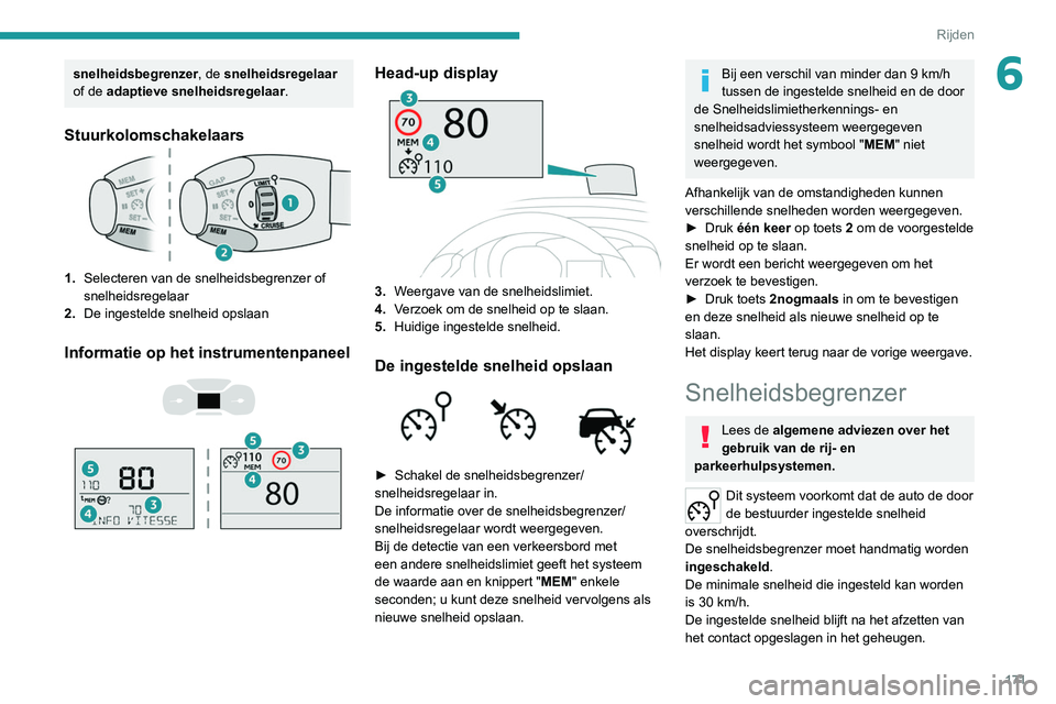 PEUGEOT EXPERT 2021 Instructieboekje (in Dutch) 171
Rijden
6snelheidsbegrenzer, de snelheidsregelaar
of de adaptieve snelheidsregelaar.
Stuurkolomschakelaars
1.Selecteren van de snelheidsbegrenzer of
snelheidsregelaar
2. De ingestelde snelheid op PEUGEOT EXPERT 2021 Instructieboekje (in Dutch) 171
Rijden
6snelheidsbegrenzer, de snelheidsregelaar
of de adaptieve snelheidsregelaar.
Stuurkolomschakelaars
1.Selecteren van de snelheidsbegrenzer of
snelheidsregelaar
2. De ingestelde snelheid op