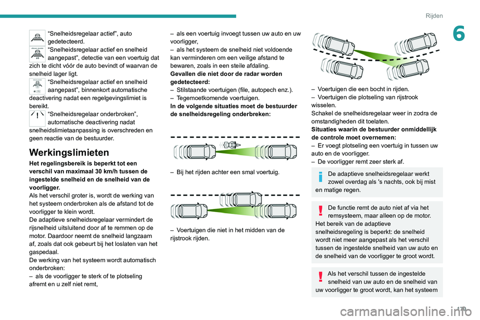PEUGEOT EXPERT 2021 Instructieboekje (in Dutch) 179
Rijden
6“Snelheidsregelaar actief”, auto
gedetecteerd.
“Snelheidsregelaar actief en snelheid
aangepast”, detectie van een voertuig dat
zich te dicht vóór de auto bevindt of waarvan de PEUGEOT EXPERT 2021 Instructieboekje (in Dutch) 179
Rijden
6“Snelheidsregelaar actief”, auto
gedetecteerd.
“Snelheidsregelaar actief en snelheid
aangepast”, detectie van een voertuig dat
zich te dicht vóór de auto bevindt of waarvan de