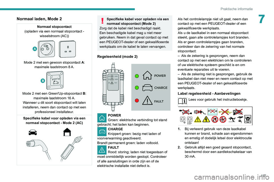 PEUGEOT EXPERT 2021 Instructieboekje (in Dutch) 197
Praktische informatie
7Normaal laden, Mode 2
Normaal stopcontact
(opladen via een normaal stopcontact - wisselstroom (AC))
Mode 2 met een gewoon stopcontact A:
maximale laadstroom 8 A.
PEUGEOT EXPERT 2021 Instructieboekje (in Dutch) 197
Praktische informatie
7Normaal laden, Mode 2
Normaal stopcontact
(opladen via een normaal stopcontact - wisselstroom (AC))
Mode 2 met een gewoon stopcontact A:
maximale laadstroom 8 A.