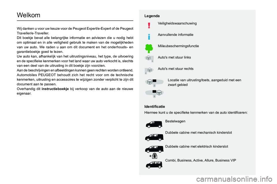 PEUGEOT EXPERT 2021  Instructieboekje (in Dutch)   
 
 
 
 
 
  
  
  
  
   
   
 
  
 
  
 
  
 
  
Welkom
Wij danken u voor uw keuze voor de Peugeot Expert/e-Expert of de Peugeot 
Traveller/e-Traveller.
Dit boekje bevat alle belangrijke informati