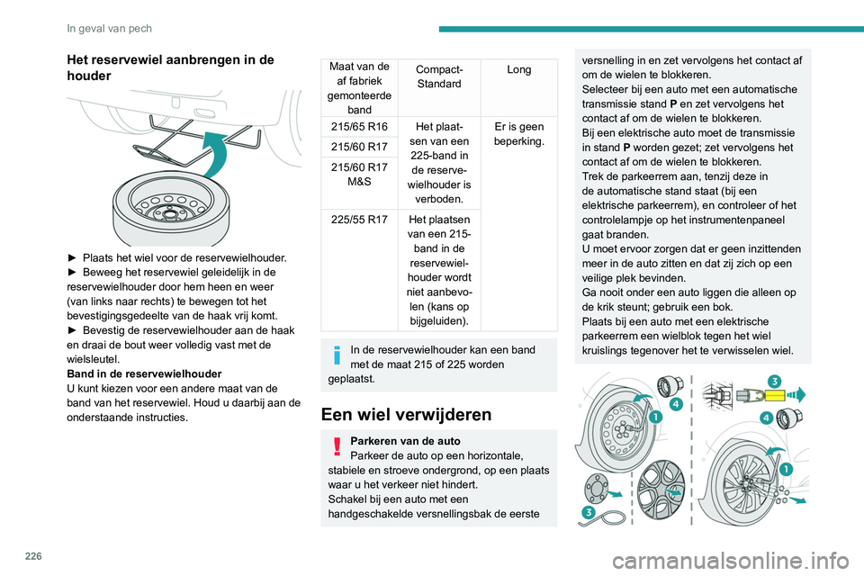 PEUGEOT EXPERT 2021 Instructieboekje (in Dutch) 226
In geval van pech
Het reservewiel aanbrengen in de
houder
► Plaats het wiel voor de reservewielhouder.
► Beweeg het reservewiel geleidelijk in de
reservewielhouder door hem heen en weer PEUGEOT EXPERT 2021 Instructieboekje (in Dutch) 226
In geval van pech
Het reservewiel aanbrengen in de
houder
► Plaats het wiel voor de reservewielhouder.
► Beweeg het reservewiel geleidelijk in de
reservewielhouder door hem heen en weer