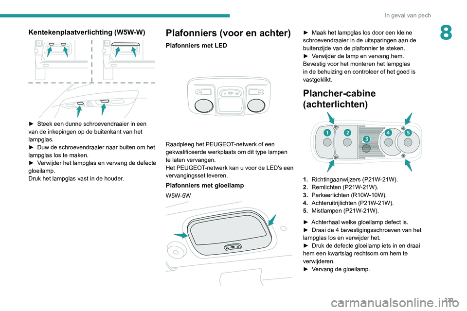 PEUGEOT EXPERT 2021 Instructieboekje (in Dutch) 233
In geval van pech
8Kentekenplaatverlichting (W5W-W)
► Steek een dunne schroevendraaier in een
van de inkepingen op de buitenkant van het
lampglas.
►
Duw de schroevendraaier naar buiten PEUGEOT EXPERT 2021 Instructieboekje (in Dutch) 233
In geval van pech
8Kentekenplaatverlichting (W5W-W)
► Steek een dunne schroevendraaier in een
van de inkepingen op de buitenkant van het
lampglas.
►
Duw de schroevendraaier naar buiten
