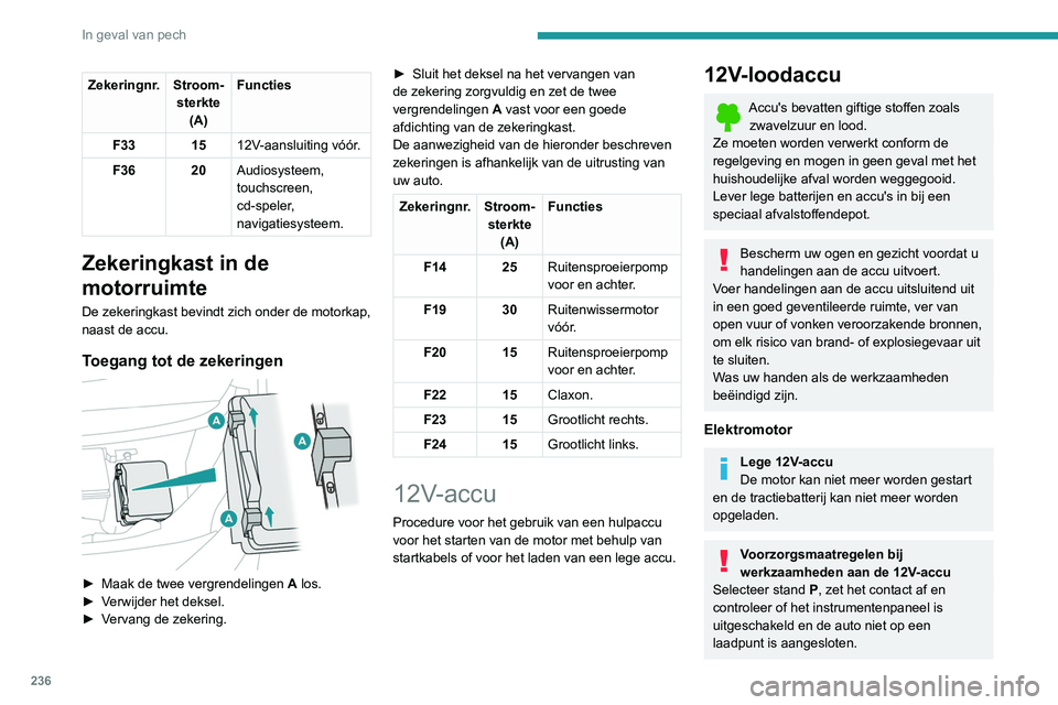 PEUGEOT EXPERT 2021 Instructieboekje (in Dutch) 236
In geval van pech
Een ander voertuig met startkabels
starten
Gebruik de 12V-accu niet om een ander
voertuig met startkabels te starten of de accu
van een ander voertuig op te laden.
De accu mag PEUGEOT EXPERT 2021 Instructieboekje (in Dutch) 236
In geval van pech
Een ander voertuig met startkabels
starten
Gebruik de 12V-accu niet om een ander
voertuig met startkabels te starten of de accu
van een ander voertuig op te laden.
De accu mag