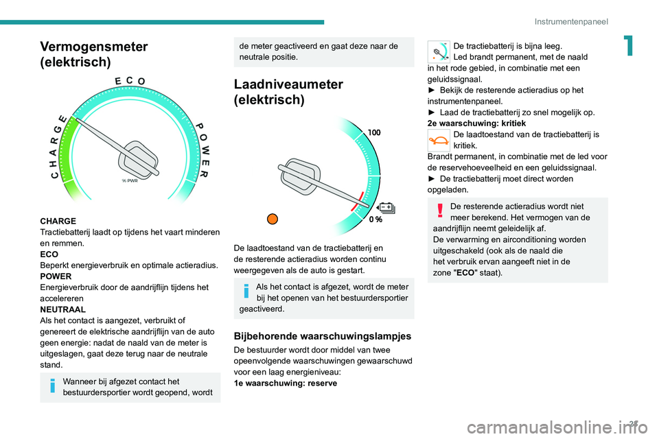 PEUGEOT EXPERT 2021 Instructieboekje (in Dutch) 23
Instrumentenpaneel
1Vermogensmeter
(elektrisch)
CHARGE
Tractiebatterij laadt op tijdens het vaart minderen
en remmen.
ECO
Beperkt energieverbruik en optimale actieradius.
POWER
Energieverbrui PEUGEOT EXPERT 2021 Instructieboekje (in Dutch) 23
Instrumentenpaneel
1Vermogensmeter
(elektrisch)
CHARGE
Tractiebatterij laadt op tijdens het vaart minderen
en remmen.
ECO
Beperkt energieverbruik en optimale actieradius.
POWER
Energieverbrui