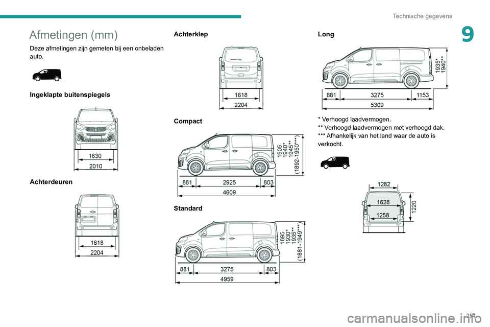 PEUGEOT EXPERT 2021 Instructieboekje (in Dutch) 251
Technische gegevens
9Afmetingen (mm)
Deze afmetingen zijn gemeten bij een onbeladen
auto.
Ingeklapte buitenspiegels
Achterdeuren
Achterklep
Compact
Standard
Long
* Verhoogd PEUGEOT EXPERT 2021 Instructieboekje (in Dutch) 251
Technische gegevens
9Afmetingen (mm)
Deze afmetingen zijn gemeten bij een onbeladen
auto.
Ingeklapte buitenspiegels
Achterdeuren
Achterklep
Compact
Standard
Long
* Verhoogd