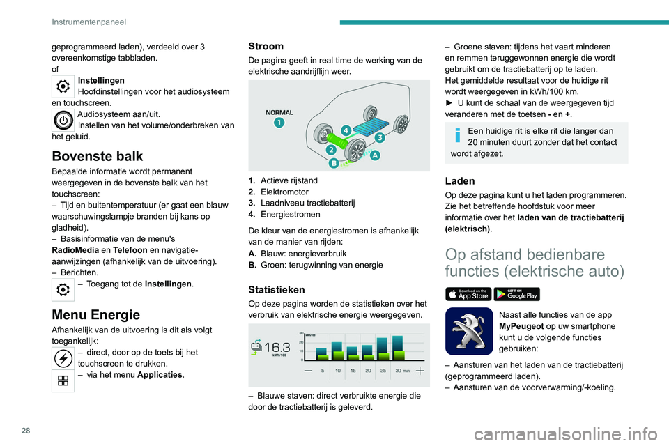 PEUGEOT EXPERT 2021 Instructieboekje (in Dutch) 28
Instrumentenpaneel
– Aflezen van de laadtoestand en de actieradius
van de auto.
Installatieprocedure
► Download de app MyPeugeot vanaf de voor
uw smartphone geschikte online store.
► Maa PEUGEOT EXPERT 2021 Instructieboekje (in Dutch) 28
Instrumentenpaneel
– Aflezen van de laadtoestand en de actieradius
van de auto.
Installatieprocedure
► Download de app MyPeugeot vanaf de voor
uw smartphone geschikte online store.
► Maa
