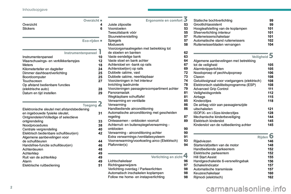 PEUGEOT EXPERT 2021  Instructieboekje (in Dutch) 2
Inhoudsopgave
 
 
 
 
 
 
 
   ■
OverzichtOverzicht  4
Stickers  6
  ■
Eco-rijden
 1InstrumentenpaneelInstrumentenpaneel  10
Waarschuwings- en verklikkerlampjes  12
Meters  18
Kilometertelle