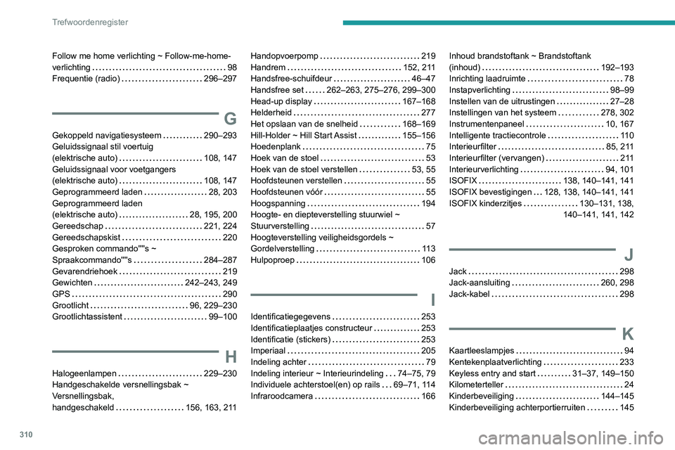 PEUGEOT EXPERT 2021 Instructieboekje (in Dutch) 310
Trefwoordenregister
Follow me home verlichting ~ Follow-me-home-
verlichting
98
Frequentie (radio)
296–297
G
Gekoppeld navigatiesysteem 290–293
Geluidssignaal stil voertuig
(ele PEUGEOT EXPERT 2021 Instructieboekje (in Dutch) 310
Trefwoordenregister
Follow me home verlichting ~ Follow-me-home-
verlichting
98
Frequentie (radio)
296–297
G
Gekoppeld navigatiesysteem 290–293
Geluidssignaal stil voertuig
(ele