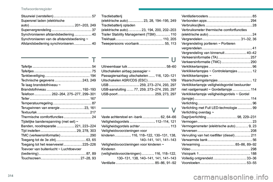 PEUGEOT EXPERT 2021 Instructieboekje (in Dutch) 314
Trefwoordenregister
Stuurwiel (verstellen) 57
Supersnel laden (elektrische
auto)
201–203, 249
Supervergrendeling
37
Synchroniseren afstandsbediening
40
Synchroniseren van de PEUGEOT EXPERT 2021 Instructieboekje (in Dutch) 314
Trefwoordenregister
Stuurwiel (verstellen) 57
Supersnel laden (elektrische
auto)
201–203, 249
Supervergrendeling
37
Synchroniseren afstandsbediening
40
Synchroniseren van de