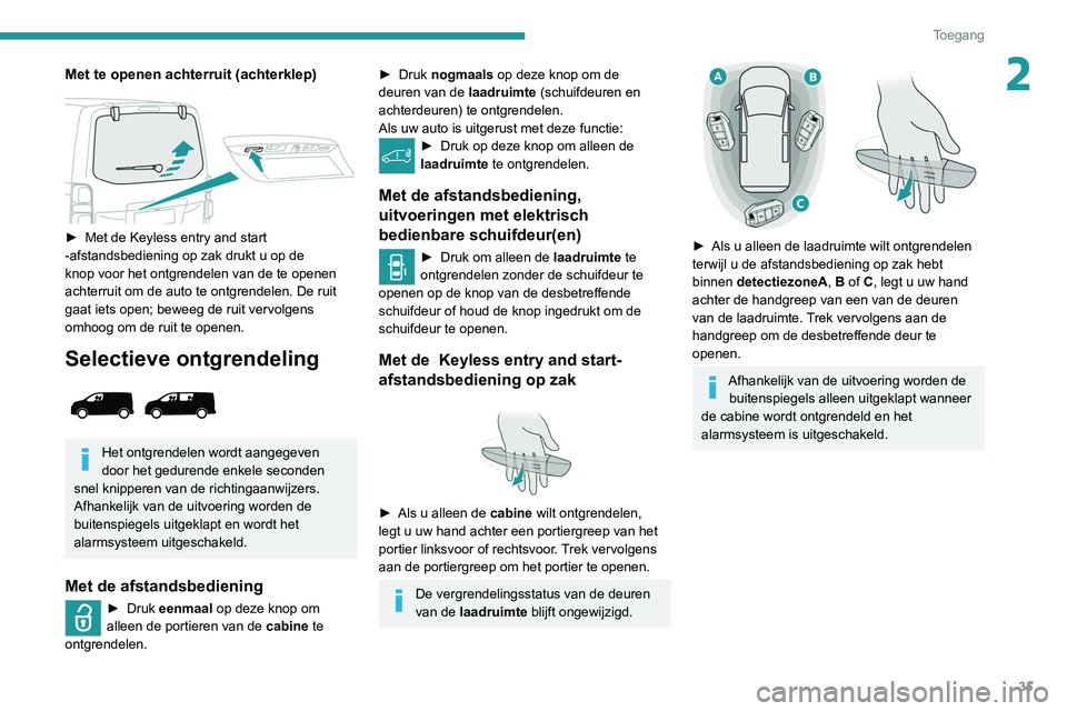 PEUGEOT EXPERT 2021 Instructieboekje (in Dutch) 35
Toegang
2Met te openen achterruit (achterklep)
► Met de Keyless entry and start
-afstandsbediening op zak drukt u op de
knop voor het ontgrendelen van de te openen
achterruit om de auto t PEUGEOT EXPERT 2021 Instructieboekje (in Dutch) 35
Toegang
2Met te openen achterruit (achterklep)
► Met de Keyless entry and start
-afstandsbediening op zak drukt u op de
knop voor het ontgrendelen van de te openen
achterruit om de auto t